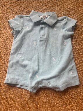 Light Blue Baby Polo Romper with Embroidered Rabbits, 6 mo